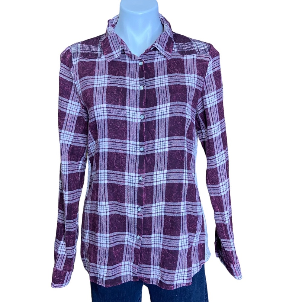 WHITE CROW Plaid Button Up Top with Lace Sides Size Large